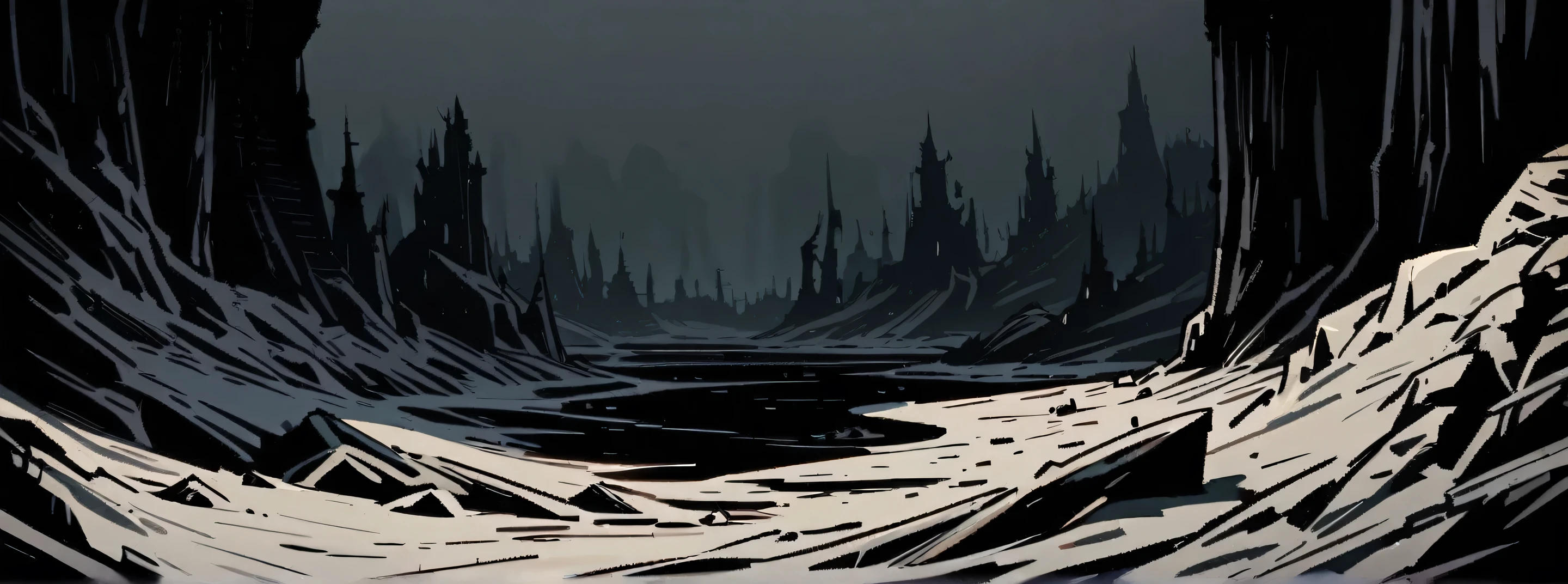(((darkest dungeon style))), (highly detailed background), ((gray salt marsh)), barren places, desolation, loneliness, very dark background, (dark lighting), many shadows, cold lights
