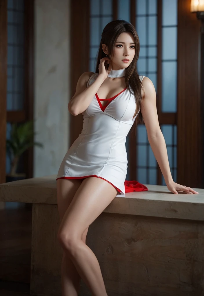 (Red and white sexy ninja)、exposed breast、portlate、Perfect Angle、(Professional quality、hight resolution)、perfect contrast、Perfect litthing、perfect-composition、flawless skin、perfect hand、Perfect fingers、perfect chest、perfect hair、face perfect、A masterpiece of realistic facial features、(High Ponytail、White hair fastening)、(Supermodel with long legs)、 ((Sexy red and white kunoichi、Sleeveless、White band、Red front droop、Back of Red Hand、thigh slit))、(Cute Japan Girl、Face the front and look at the camera、Dark brown hair with wet and shiny)、Japan Forest、a river、In the woods、Light in the eyes、face perfect、Perfect body、Perfect fingers、perfect arms、perfect hand、Smaller face、二重まぶた、Big eyes、Golden Ratio Beauty Face、Full body like、Very leggy supermodel、Teenage、cute little、spotless、lipgloss、Beautiful long hair fluttering in strong wind、Stand facing the front、Look at us sexy、(dynamicposes、sexypose)、Calf、(Voluptuous thighs、Bare legged、Light-lit skin)、电影灯光、Light on the Face、tabi、Full body.