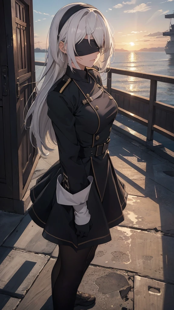 The Perfect Girl, perfect details, Ultra HD |, 8K, Professional photo(extremely detailed CG unity 8k wallpaper), (masterpiece), (best quality), (ultra-detailed), (best illustration), (best shadow), (absurdres), 2b, 1girl, long hair, normal size , white hair, blindfold solo, Intimidating women, admiral uniform, night, hero pose, white clothes, General Uniform, Military Uniform, Dawn, exposed to sunlight, commander, black clothes, sunkissed, sunset background