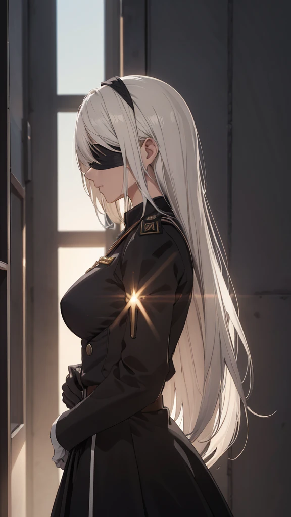 The Perfect Girl, perfect details, Ultra HD |, 8K, Professional photo(extremely detailed CG unity 8k wallpaper), (masterpiece), (best quality), (ultra-detailed), (best illustration), (best shadow), (absurdres), 2b, 1girl, long hair, normal size , white hair, blindfold solo, Intimidating women, admiral uniform, night, hero pose, white clothes, General Uniform, Military Uniform, Dawn, exposed to sunlight, commander, black clothes, sunkissed, sunset background