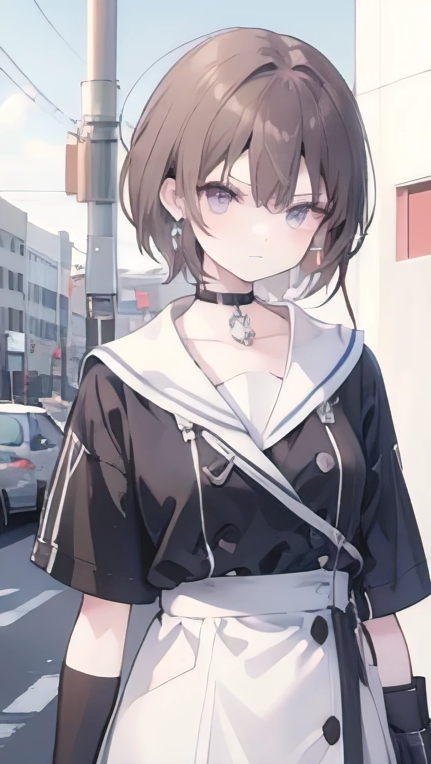 1girl,anime_coloring,black_eyes,black_gloves,brown_hair,choker,earrings,gloves,jewelry,mailbox,parody,short hair,angry,solo,style_parody,