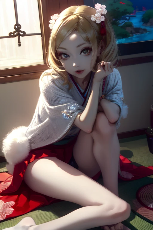 High resolution, masterpiece, look here, sitting with knees up on the floor, legs open, very realistic image of beautiful blonde hair, drawn by professional ukiyo-e, world of imagination, slim girl, nice legs , a well-fitting body, a sensual skirt, long eyelashes, delicate makeup that accentuates her gaze, a devilishness that sends shivers down your spine, her lips slightly parted, giving off a mysterious aura, and her eyes tilted upwards. 's eyes will tempt you,
