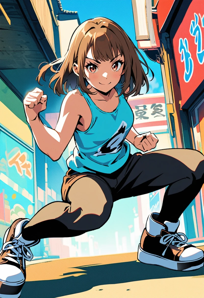 pop art,a martial artist girl,skyblue tanktop,black very short spats,Platform sneakers,detailed face,brown hair,Black Shoes,dynamic fighting Pose,smile, BREAK japanese street,Full body portrait,(depth of field:1.3),Portrait,magnificent view,