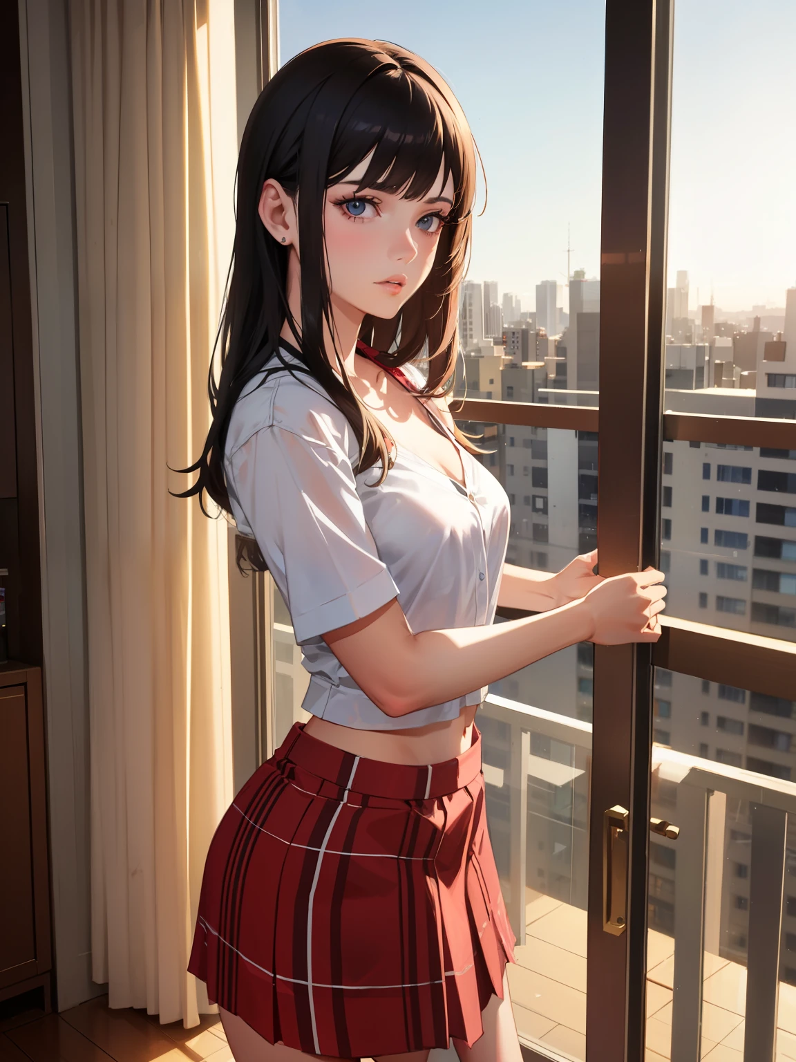 Australian model girl, (24 years old), in the apartment, balcony, dawn, skirt, arrogant expression, face details, (from front view), (masterpiece, best quality, highly detailed, hyper realistic)
