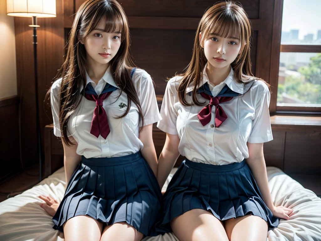 (RAW photo, 4k, masterpiece, high resolution, extremely complex) (realistic: 1.4), cinematic lighting
((2 girls, 2 schoolgirls)),Slam Dunk's,blushing,((innocent)),(Dark makeup),bright eyes,round eyes,blunt bangs,(straight hair:1.3),black hair,large breasts,wide hips,Summer Noon, 20 year old girl、cute type、lolita,Hot, (Best Quality), (Highres), (an Extremely Delicate and Beautiful),(Beautiful 8k face),(Brown eyes),short bob hair,( spectators),(gigantic breasts),(Play with each other,Touching each other's bodies,Touching the body),(Japanese high school uniform:1.3),blue skirt,(reality),bright lighting,(The background is a luxury hotel room)
