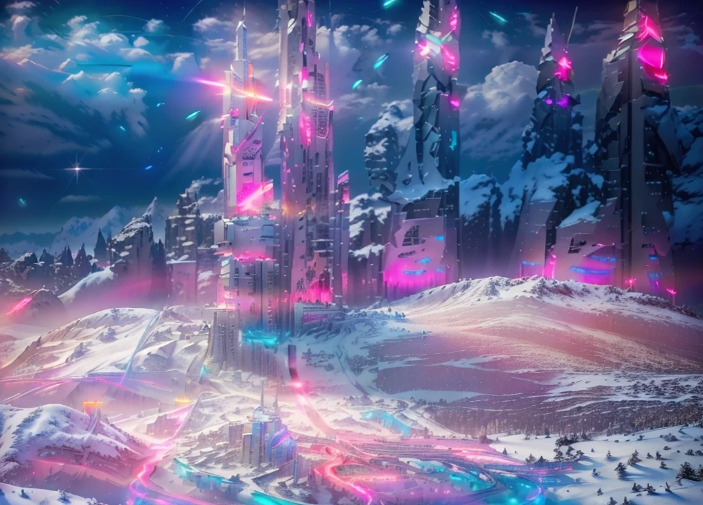 Masterpiece, 12k, uhd, photorealistic, a ultra beautiful suggestive landscape, with snow hills, snow land, futuristic metropolis in background, with skycrapers, night sky with stars, pink boreal aurora in the sky, light neon effects, cyberpunk dreaming atmosphere, (3D rendering buildings), seems real, blue and pink sky and snow colors