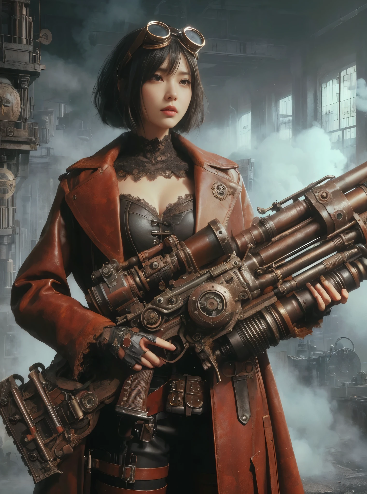 ８ｋ,Realistic Skin Texture、Superrealism、Realistic Photo、Japanese women、steampunk、Leather coat、Standing with a heavily modified oversized rifle、Light cloudiness、Dirty city、Steam rising from buildings here and there、Goggles above your head、Stand facing forward in front of a wall with intricate patterns and gears、