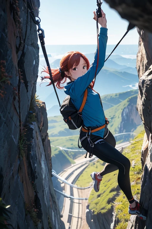 (8K), (Best Quality), (Mastepiece: 1.2) A climber using a carabiner to scale a cliff、((Redhead))、bird's eye view