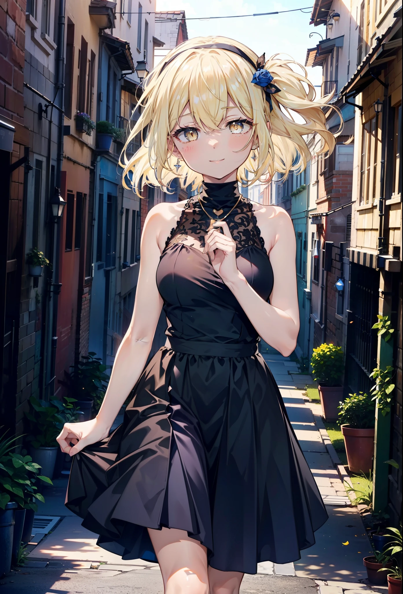 アイスWallenstein, Wallenstein, blonde, Hair between the eyes, hair band, Long Hair, (Yellow Eyes:1.5),happy smile, smile, Shut your mouth.,smile,blush,Blue sleeveless dress,Bare arms,Bare neck,Heart Pendant,Long skirt,Cute Sandals,sunny,walking,whole bodyがイラストに入るように,break looking at viewer,whole body,break outdoors,construction area,city, break (masterpiece:1.2), highest quality, High resolution, unity 8k wallpaper, (shape:0.8), (Beautiful and beautiful eyes:1.6), Highly detailed face, Perfect lighting, Extremely detailed CG, (Perfect hands, Perfect ???????),