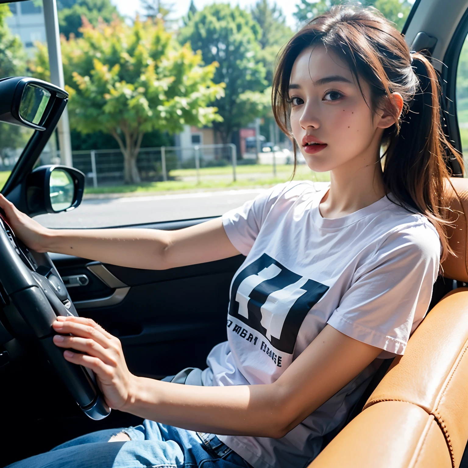 (masterpiece, highest quality), (colorful:1.4)A girl driving a car, Pull the handle,Drive Date,Written boundary depth,head whole,Pinky T-shirt,cute,