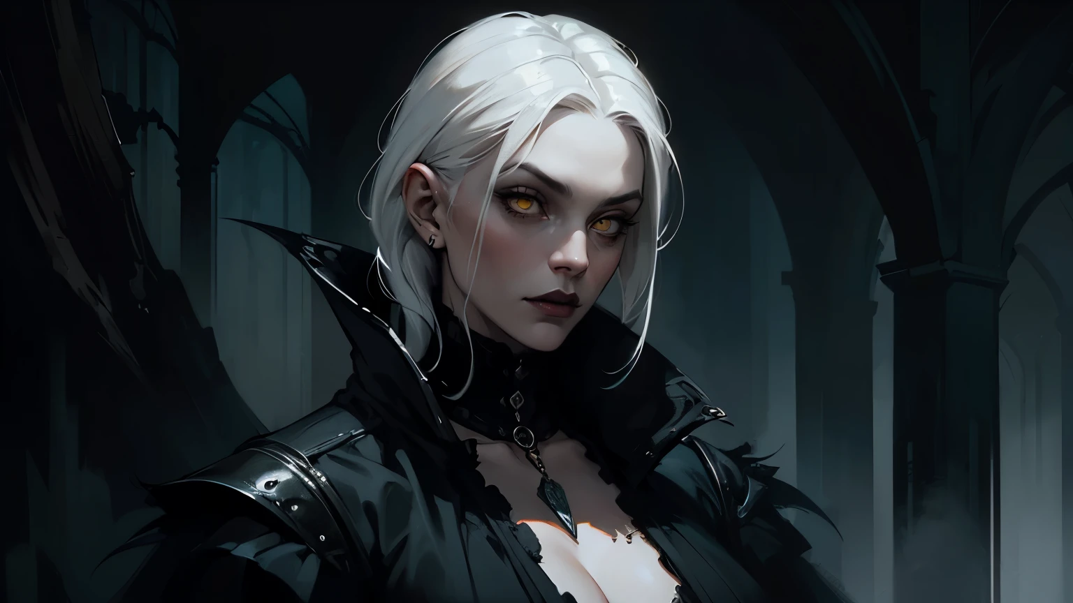 Woman with white hair and yellow eyes in black bra, very big breasts, Vampire Girl, Dark, But detailed digital art, dark fantasy style art, Portrait of a vampire, androgynous vampire, Dark art style, style of charlie bowater, gothic horror vibes, tom bagshaw artstyle, gothic art style, dark fantasy portrait, neoartcore and charlie bowater