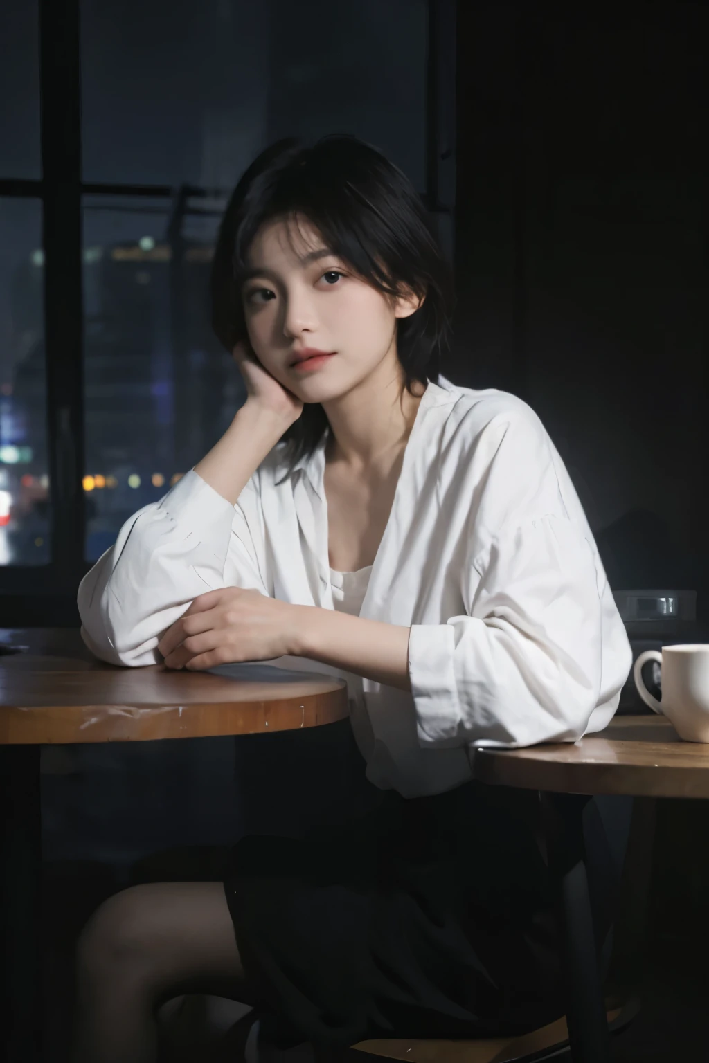 best quality, masterpiece, Ultra-high resolution, (Realistically:1.5), RAW photos, 1 girl, In the dark night, Deep Shadows, low pitch, Cold Light, Sexy look, Messy short hair,sitting in café,Far viewing angle