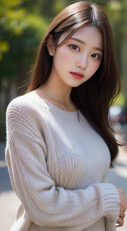 (RAW photo, Best quality), (Realistic, photo-realistic:1.2),High quality, (highdetailskin:1.4), 1girll,Lie on the table,Sweaters,huge tit