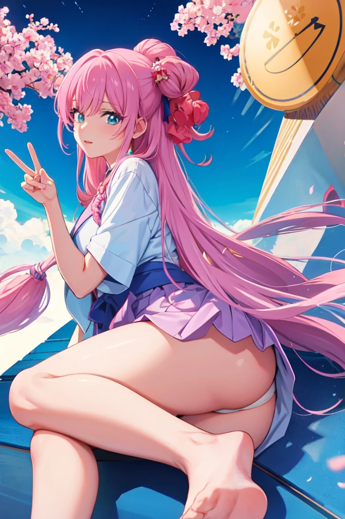 akari watanabe, long hair, solo, PERFECT ANATOMY,  pink hair, blue eyes, looking at viewer, round ass, thicc thighs, 1girl, sitting, tight hakama