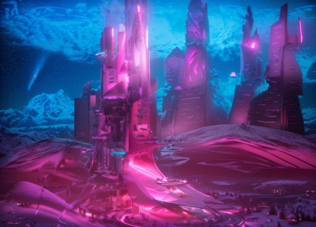 Masterpiece, 12k, uhd, photorealistic, a ultra beautiful suggestive landscape, with snow hills, snow land, futuristic metropolis in background, with skycrapers, night sky with stars, pink boreal aurora in the sky, light neon effects, cyberpunk dreaming atmosphere, (3D rendering buildings), seems real, blue and pink sky and snow colors