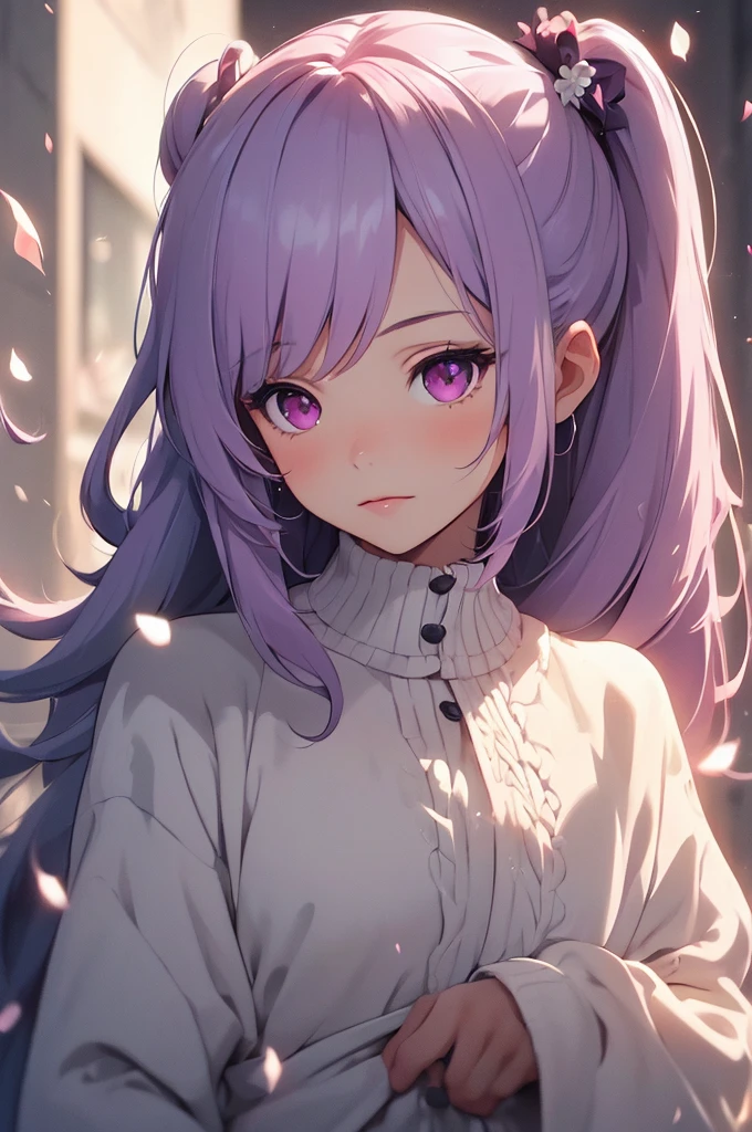 ((Masterpiece, Best quality)), (Negative space: 1.2), (1 girl, Solo: 1.4), petals, Pink eyes, Dragon girl, Long, Purple hair, High ponytail, liquid hair, Flowers, loong background
