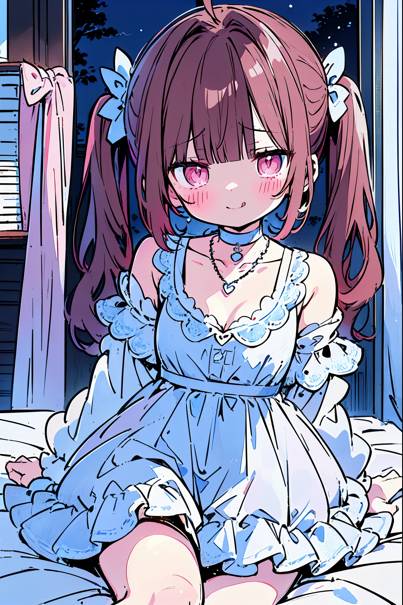 {{{{masterpiece}}}}, {{{Super detailed}}}, {{{high resolution}}},{{high resolution:1.3}}, {{good anatomy}}, (((best quality))), ((on the bed,indoor,blue theme,anime style,anime girl)),(((pink eyes,brown hair))),(big perfect eyes),((yandere,dark eyelash)),(((smart casual in pale blue color,collarbone,white dress, jewelry, choker,necklace,dark atmosphere,night time))), hairclip, {8k cg wallpaper}, {{illustration,zoom in,focus on face,close-up shot, looking out a window}},((twintails|ahoge|floating hair|blunt bangs|short hair|curly))smile,(1girl:1), bride,solo,alone,(Color difference:1.2),(yandere smile,evil smile with Tongue,Dark circles),blushing,neat face,(medium breasts),((The details are complex、Shallow depth of field、weak lighting、a Canon EOS R5、50mm lens、f / 2.8、shot at 8k resolution))