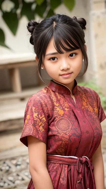 
a young burmese girl with straight, dark hair cut into a bob with bangs. She should have a neat, topknot bun on the top of her head, with small sections of hair styled into floral buns positioned just behind her ears, not covering them. Her face is adorned with traditional thanaka paste in circular patterns on her cheeks, big expressive eyes, a smooth complexion and a slight smile. wearing a reddish batik patterned casual Myanmar dress,  outdoor setting, natural lightning.