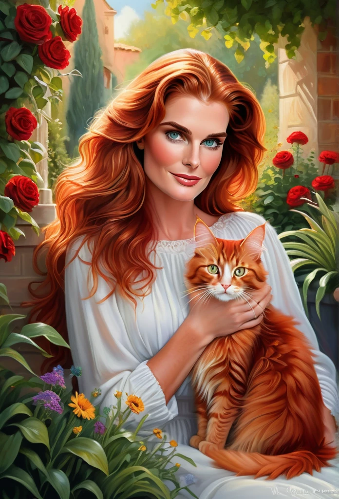 red-haired [girl:Brooke Shields:0.1] with a full sized  red mainecoon cat, (best quality, masterpieces, ultra-detailed), beautiful detailed eyes, beautiful detailed lips, longeyelashes, vibrant colors, illustrative style, oil painting texture, flowing red hair, cozy garden background, soft sunlight, lively expression, joyful interaction with the cat, dynamic pose, realistic rendering.