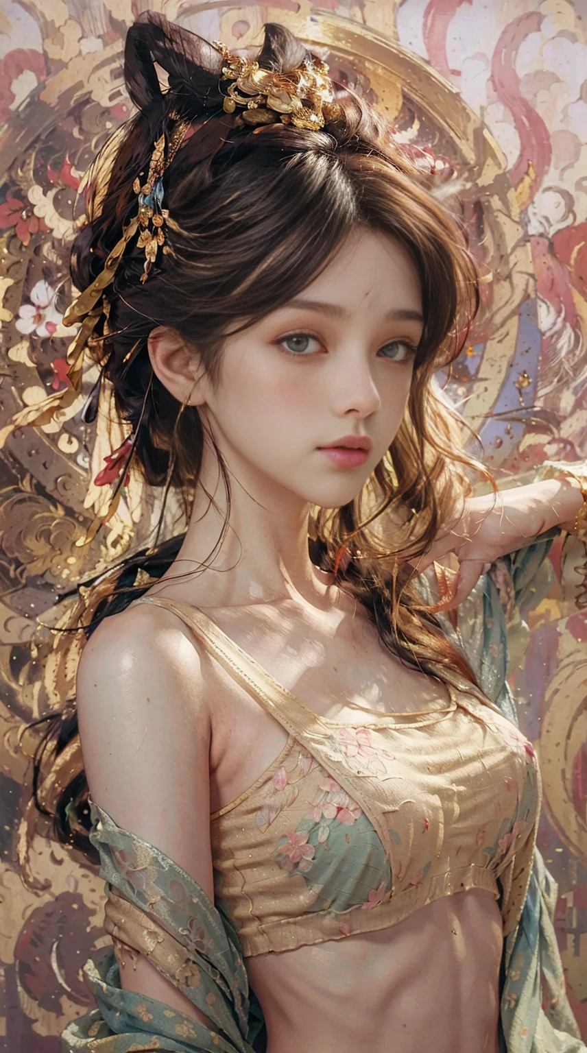 (nsfw:1.5), Facial portrait of a European woman, long curls, blonde hair, floral frame, decorative panels, abstract art, Alphonse Mucha, (masterpiece, best quality, high resolution: 1.4), detailed, intricate details, 4K, color splash, line art, Fibonacci, (look up), (naked body), (naked)