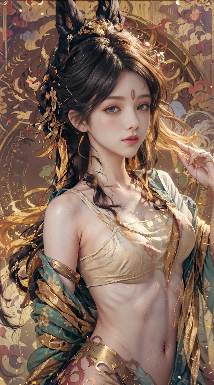Facial portrait of a European woman, long curls, blonde hair, floral frame, decorative panels, abstract art, Alphonse Mucha (masterpiece, best quality, high resolution: 1.4), detailed, intricate details, 4K, color splash, line art, Fibonacci, (look up), (naked body), thin soft white bra