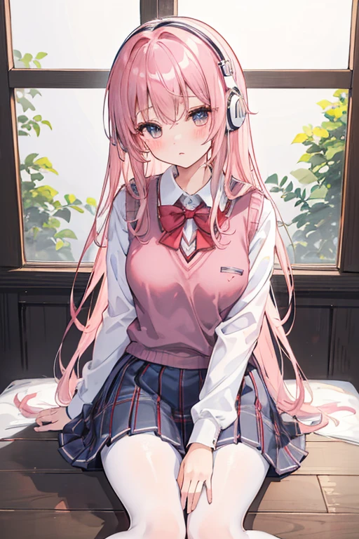 (8k、highest quality、masterpiece:1.2)、Illustration touch、Ultra-detailed、Super A High Resolution、Light pink hair、long hair、Headphones、One woman in uniform、clear、High 、White long sleeve blouseとnavy blue sweater vest、White long sleeve blouse、The blouse is buttoned、Red string tie、navy blue sweater vest、red and black plaid skirt、赤黒チェックmini skirt、mini skirt、White Pantyhose、delicate、On all fours、ベッドにOn all foursで腰を上げている、Inner thighs、White panties、Watery eye、(School uniform:1.4)、Blushing