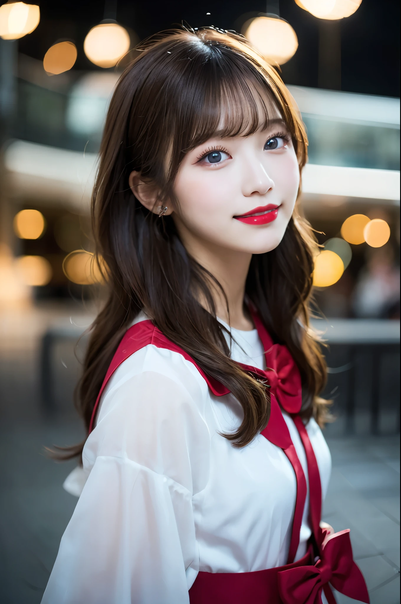 (Very delicate and beautiful: 1.2), One Girl, bangs, blue eyes, Blur, Blur backgroun, bow, Brown Hair, shut up, Side view, Hair between the eyes, Hair bow, lanthanum, Light Particles, Long sleeve, Observe the audience, Medium Hair, night, 赤いbow, alone, performer(symbol), Upper Body, smile, Red lips
