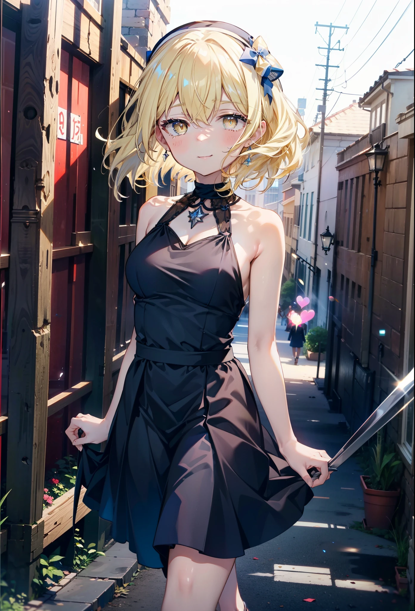 アイスWallenstein, Wallenstein, blonde, Hair between the eyes, hair band, Long Hair, (Yellow Eyes:1.5),happy smile, smile, Shut your mouth.,smile,blush,Blue sleeveless dress,Bare arms,Bare neck,Heart Pendant,Long skirt,Cute Sandals,sunny,walking,whole bodyがイラストに入るように,break looking at viewer,whole body,break outdoors,construction area,city, break (masterpiece:1.2), highest quality, High resolution, unity 8k wallpaper, (shape:0.8), (Beautiful and beautiful eyes:1.6), Highly detailed face, Perfect lighting, Extremely detailed CG, (Perfect hands, Perfect Anatomy),