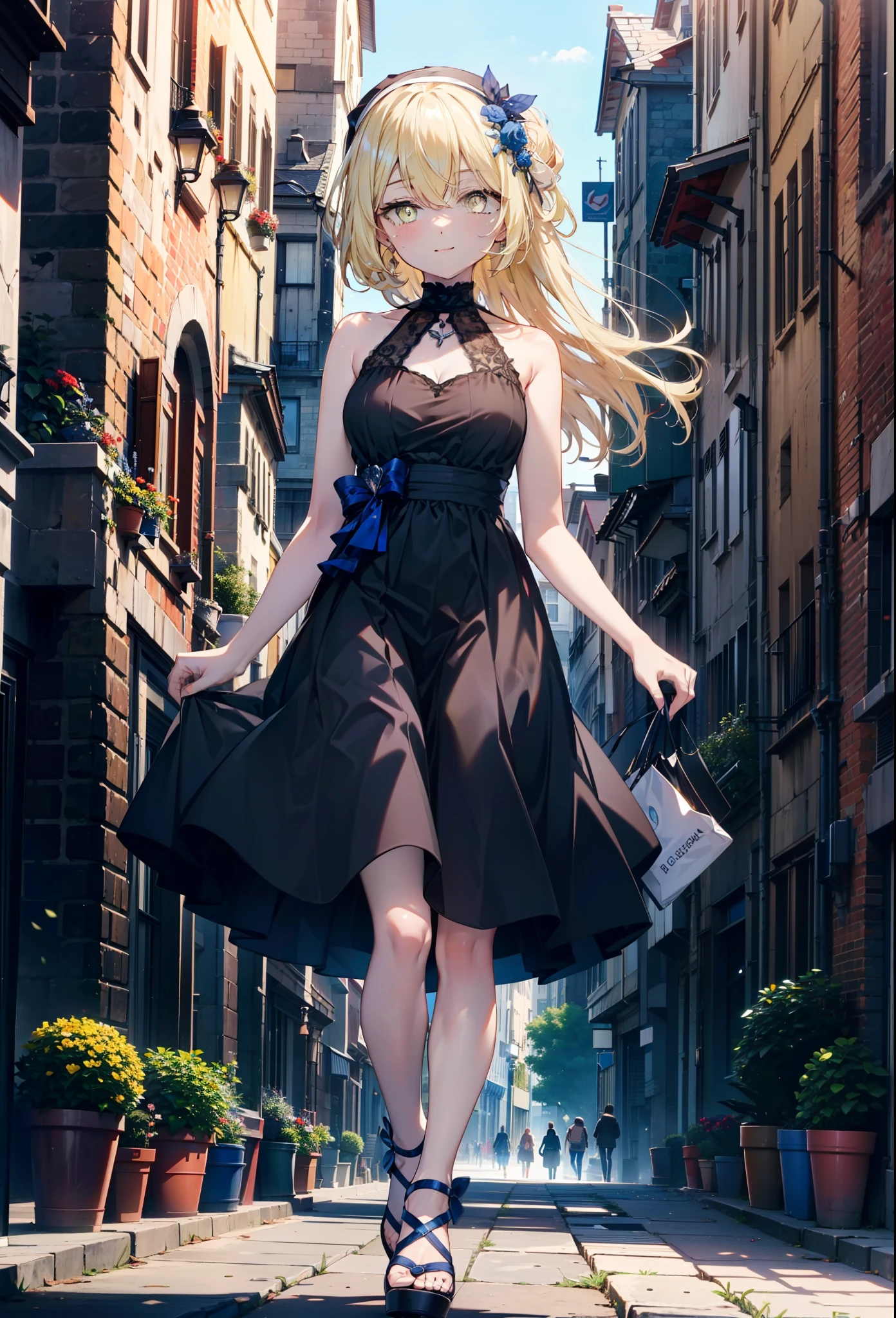 アイスWallenstein, Wallenstein, blonde, Hair between the eyes, hair band, Long Hair, (Yellow Eyes:1.5),happy smile, smile, Shut your mouth.,smile,blush,Blue sleeveless dress,Bare arms,Bare neck,Heart Pendant,Long skirt,Cute Sandals,sunny,walking,whole bodyがイラストに入るように,break looking at viewer,whole body,break outdoors,construction area,city, break (masterpiece:1.2), highest quality, High resolution, unity 8k wallpaper, (shape:0.8), (Beautiful and beautiful eyes:1.6), Highly detailed face, Perfect lighting, Extremely detailed CG, (Perfect hands, Perfect Anatomy),