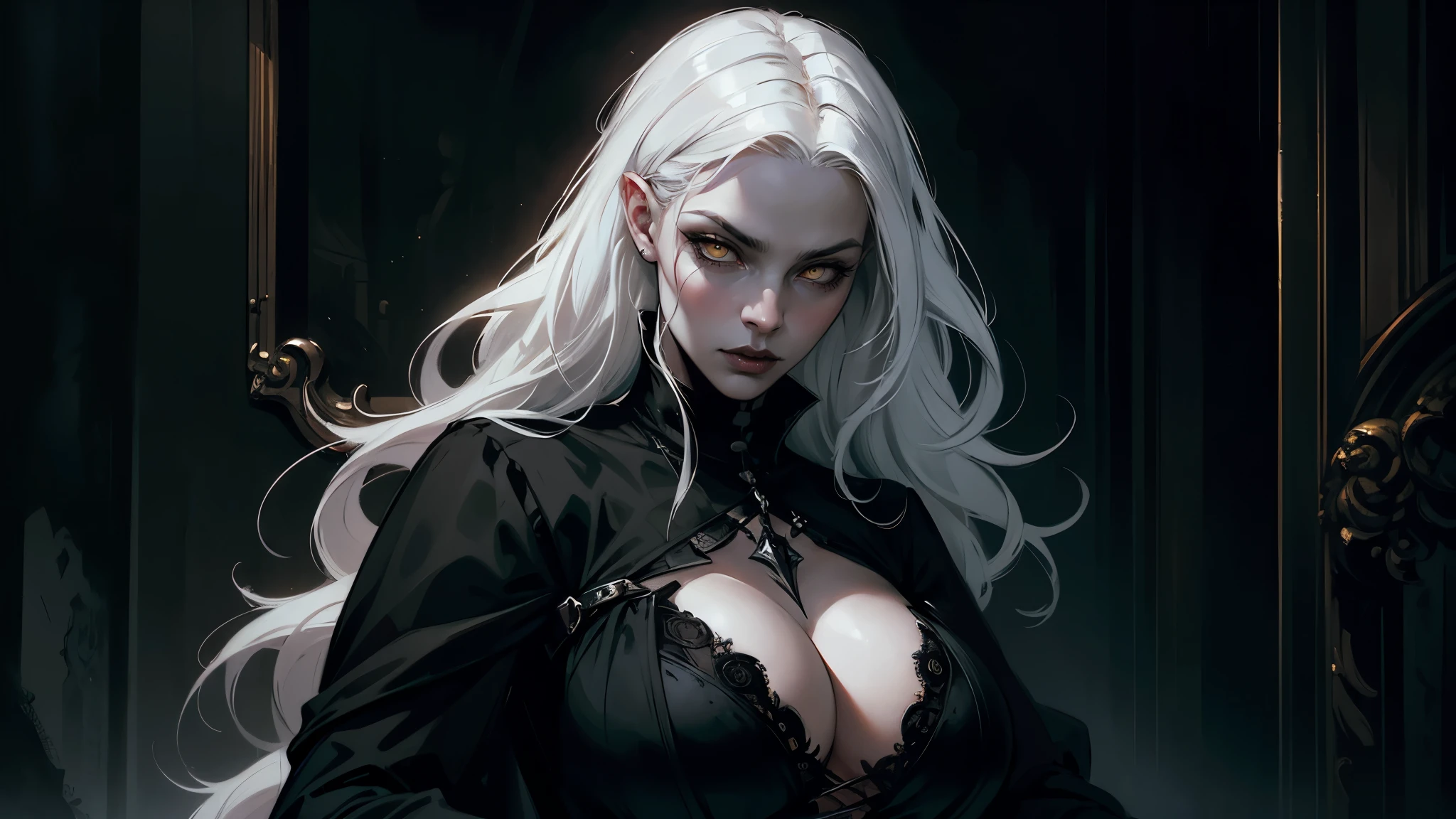 Woman with white hair and yellow eyes in black bra, very big breasts, Vampire Girl, Dark, But detailed digital art, dark fantasy style art, Portrait of a vampire, androgynous vampire, Dark art style, style of charlie bowater, gothic horror vibes, tom bagshaw artstyle, gothic art style, dark fantasy portrait, neoartcore and charlie bowater