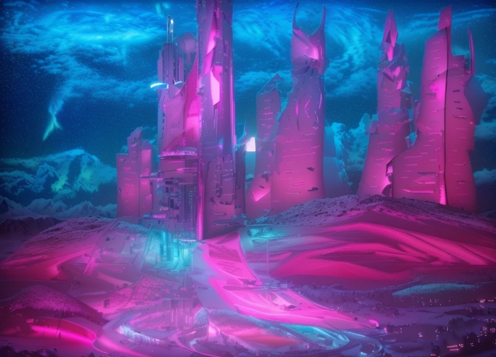 Masterpiece, 12k, uhd, photorealistic, a ultra beautiful suggestive landscape, with snow hills, snow land, futuristic metropolis in background, with skycrapers, night sky with stars, pink boreal aurora in the sky, light neon effects, cyberpunk dreaming atmosphere, (3D rendering buildings), seems real, blue and pink sky and snow colors