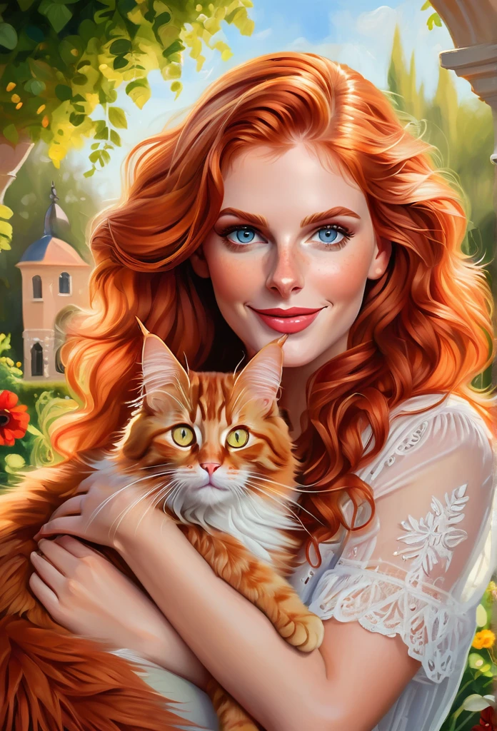 [Black-haired girl:Larasati:0.1] with a full sized  red mainecoon cat, (best quality, masterpieces, ultra-detailed), beautiful detailed eyes, beautiful detailed lips, longeyelashes, vibrant colors, illustrative style, oil painting texture, flowing red hair, cozy garden background, soft sunlight, lively expression, joyful interaction with the cat, dynamic pose, realistic rendering.