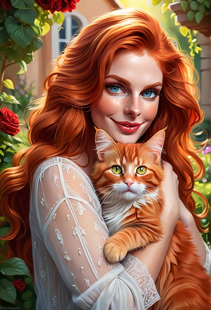 [Black-haired girl:Larasati:0.1] with a full sized  red mainecoon cat, (best quality, masterpieces, ultra-detailed), beautiful detailed eyes, beautiful detailed lips, longeyelashes, vibrant colors, illustrative style, oil painting texture, flowing red hair, cozy garden background, soft sunlight, lively expression, joyful interaction with the cat, dynamic pose, realistic rendering.