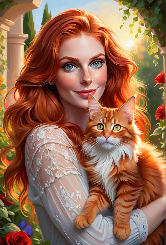 [Black-haired girl:Larasati:0.1] with a full sized  red mainecoon cat, (best quality, masterpieces, ultra-detailed), beautiful detailed eyes, beautiful detailed lips, longeyelashes, vibrant colors, illustrative style, oil painting texture, flowing red hair, cozy garden background, soft sunlight, lively expression, joyful interaction with the cat, dynamic pose, realistic rendering.
