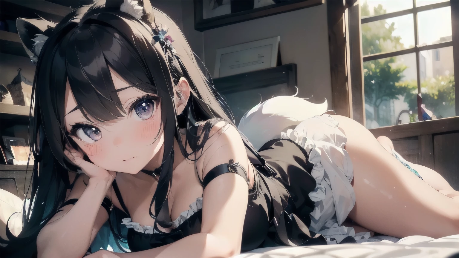 ((best quality)), ((masterpiece)), (detailed), perfect face, expressive eyes, blushing, raccoon goddess, adult girl, hair covering one eye, ash grey eyes, huge teardrop , sensual dress, fluttering, relaxed, fluffy tails, full body, incredible details, masterpiece, wallpaper art, ethereal ambient aura