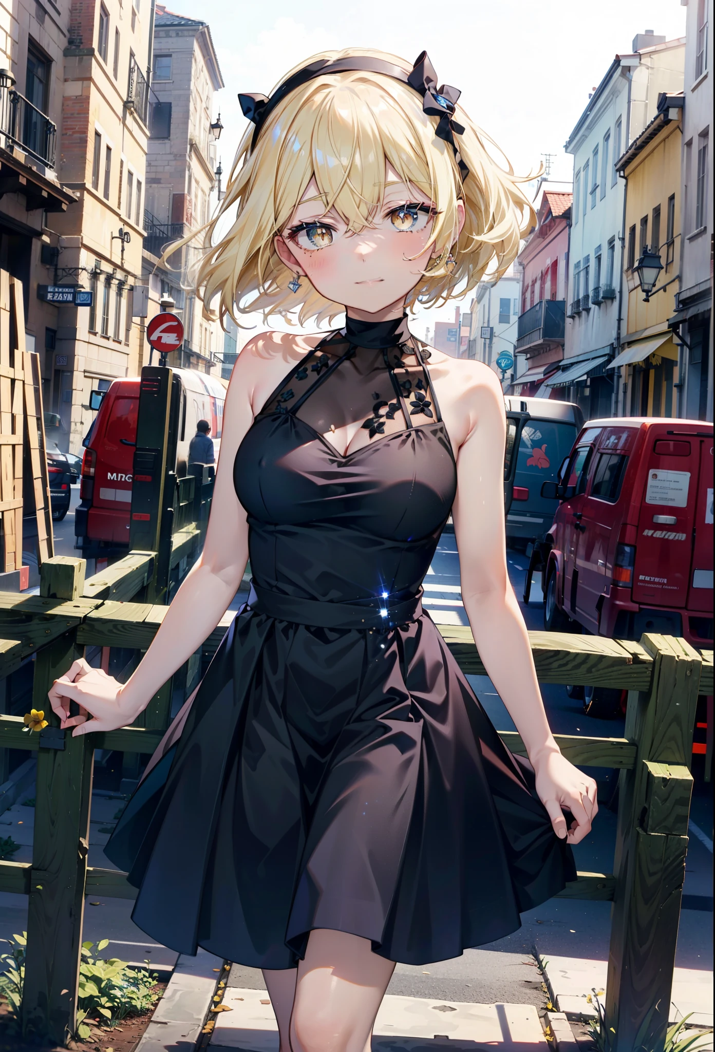 アイスWallenstein, Wallenstein, blonde, Hair between the eyes, hair band, Long Hair, (Yellow Eyes:1.5),happy smile, smile, Shut your mouth.,smile,blush,Blue sleeveless dress,Bare arms,Bare neck,Heart Pendant,Long skirt,Cute Sandals,sunny,walking,whole bodyがイラストに入るように,break looking at viewer,whole body,break outdoors,construction area,city, break (masterpiece:1.2), highest quality, High resolution, unity 8k wallpaper, (shape:0.8), (Beautiful and beautiful eyes:1.6), Highly detailed face, Perfect lighting, Extremely detailed CG, (Perfect hands, Perfect Anatomy),