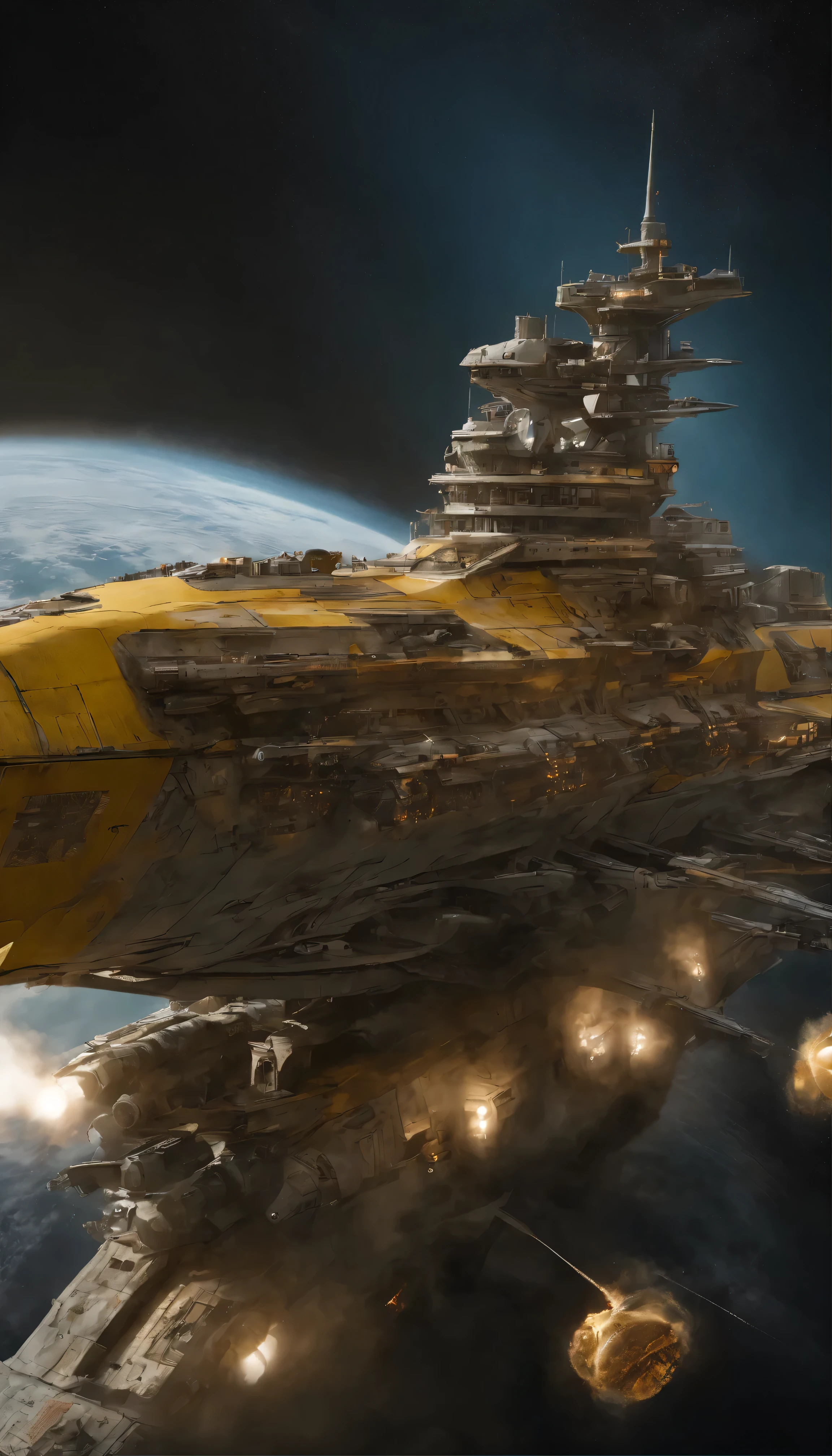 with high definition images,title: A High-Definition Masterpiece - The Epic Battle of Space Battleship Yamato Description:yellowアーマードスーツのYuki Mori (masterpiece、highest quality) (Bright colors、Real、Hyperrealistic:1.5) (dramatic scene、Suspenseful、Epic Battles:1.5) (Space Battleship Yamato、Intricate detaileticulous craftsmanship:1.5) Working on board the ship(stunning background:1.5) (solo、Lonely figure、Yuki Mori、A look of determination:1.5) (Spacesuit、yellow)