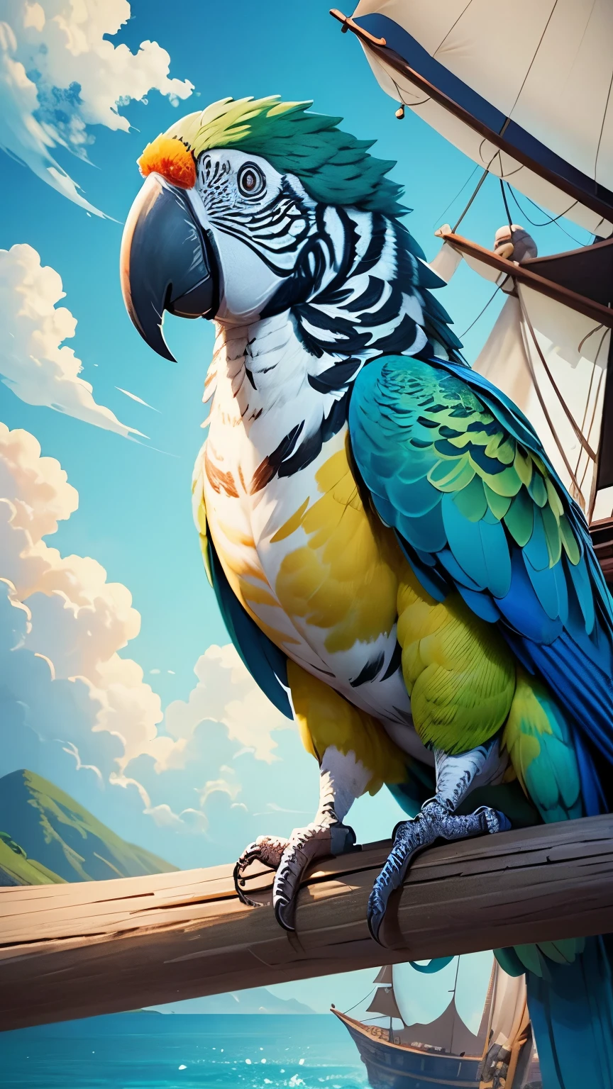 highest quality。Masterpiece。Detailed details。(A parrot)。Very beautiful parrot。The background is the deck of a pirate ship, blue sky and white clouds。