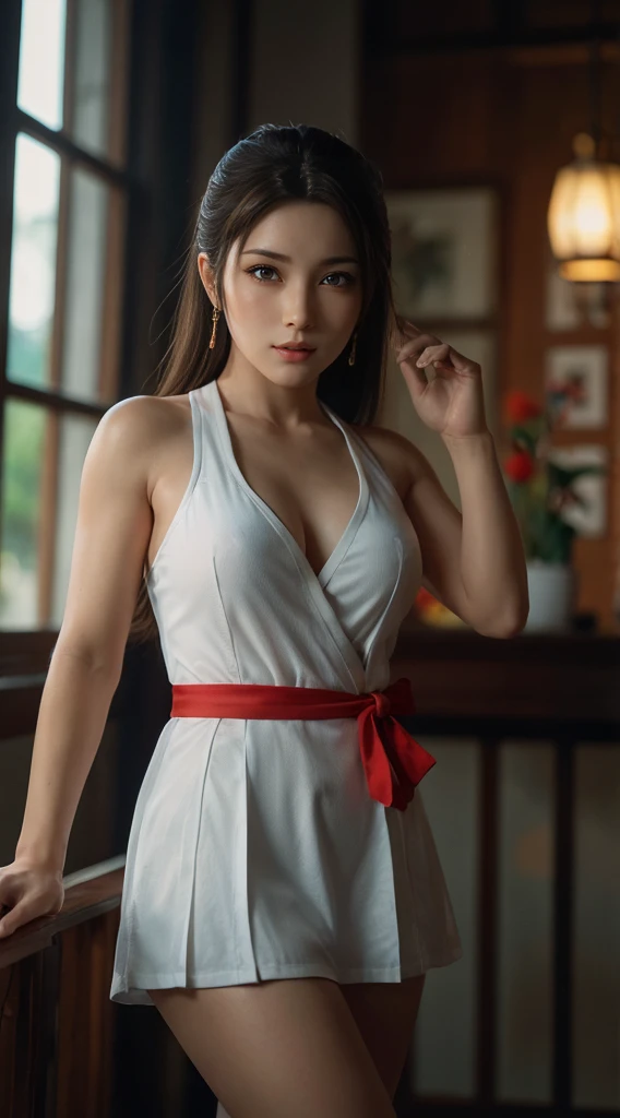 Glowing woman, pale skin, a 16-year-old student, medium chest, wearing a large apron with no underwear and pants underneath, no showing points, sexy and playful dynamic pose, seductive and charming, the highest and most perfect depiction of human body details, stunning facial features, double ponytail.