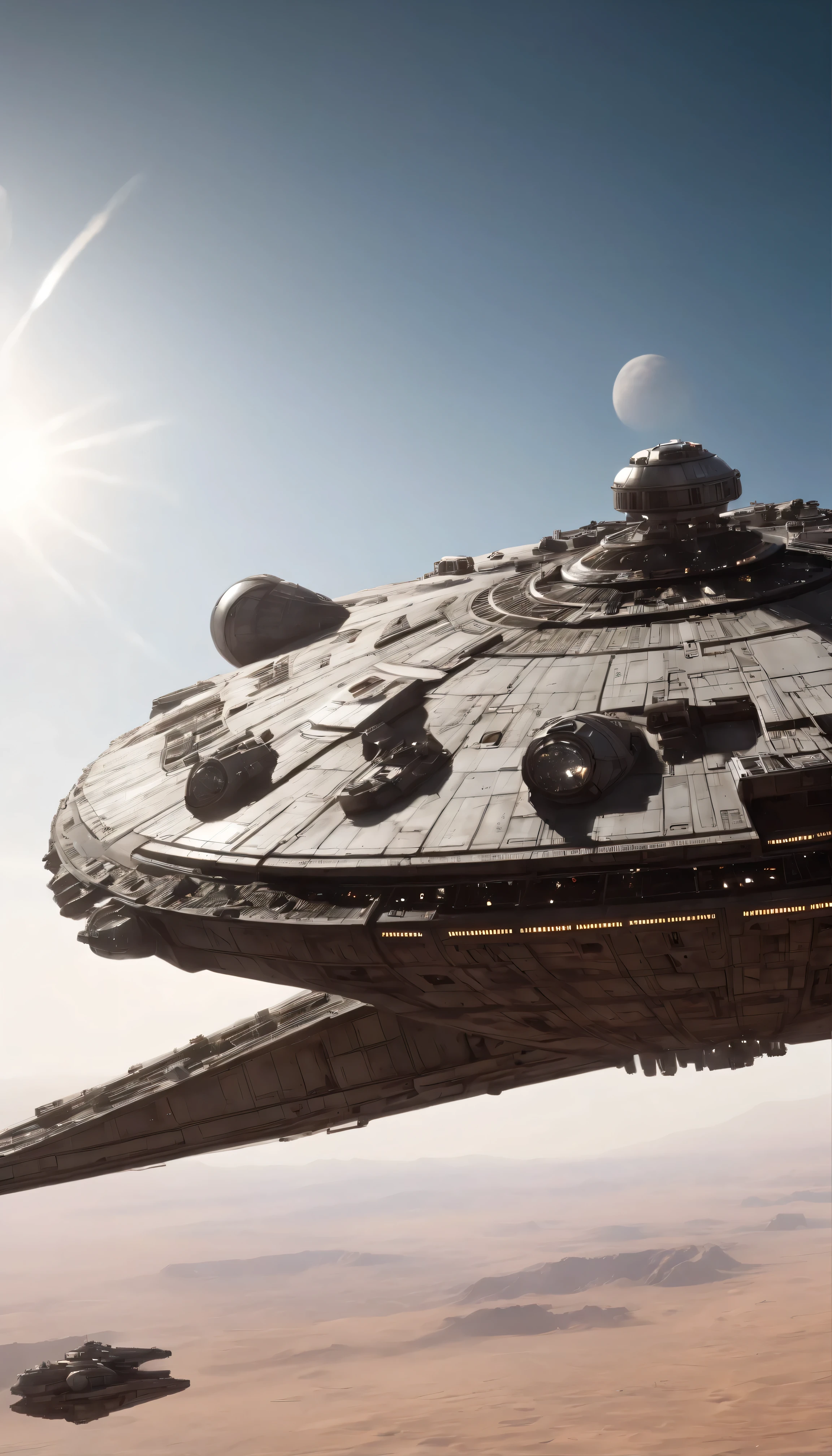 In this impressive and highly detailed masterpiece set against the backdrop of intergalactic battles、The Millennium Falcon, a rare spaceship, is depicted in high detail and with great ambition.、Boasting an astonishing level of realism that rivals the cinematic experience。Gliding through the vast, dark space、A huge Star Destroyer looms ominously in the distance.、Chase iconic spaceships with relentless determination。 The intricate details of the Millennium Falcon、From the smooth lines of the ship to its sun-scorched surface、Meticulously rendered with photorealistic accuracy