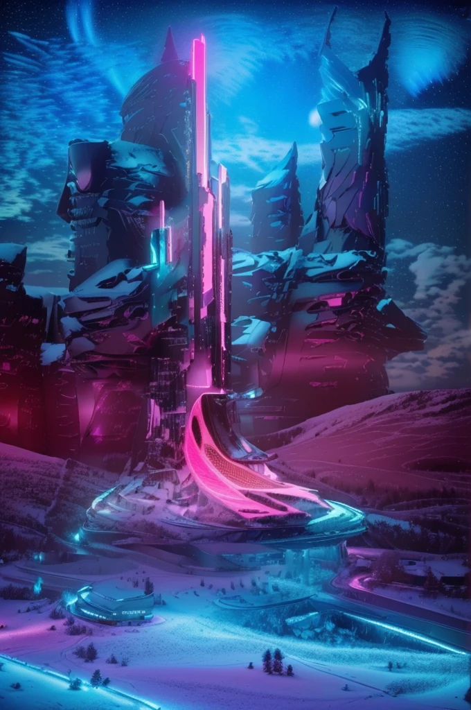 Masterpiece, 12k, uhd, photorealistic, a ultra beautiful suggestive landscape, with snow hills, snow land, futuristic metropolis in background, with skycrapers, night sky with stars, pink boreal aurora in the sky, light neon effects, cyberpunk dreaming atmosphere, (3D rendering buildings), seems real, blue and pink sky and snow colors