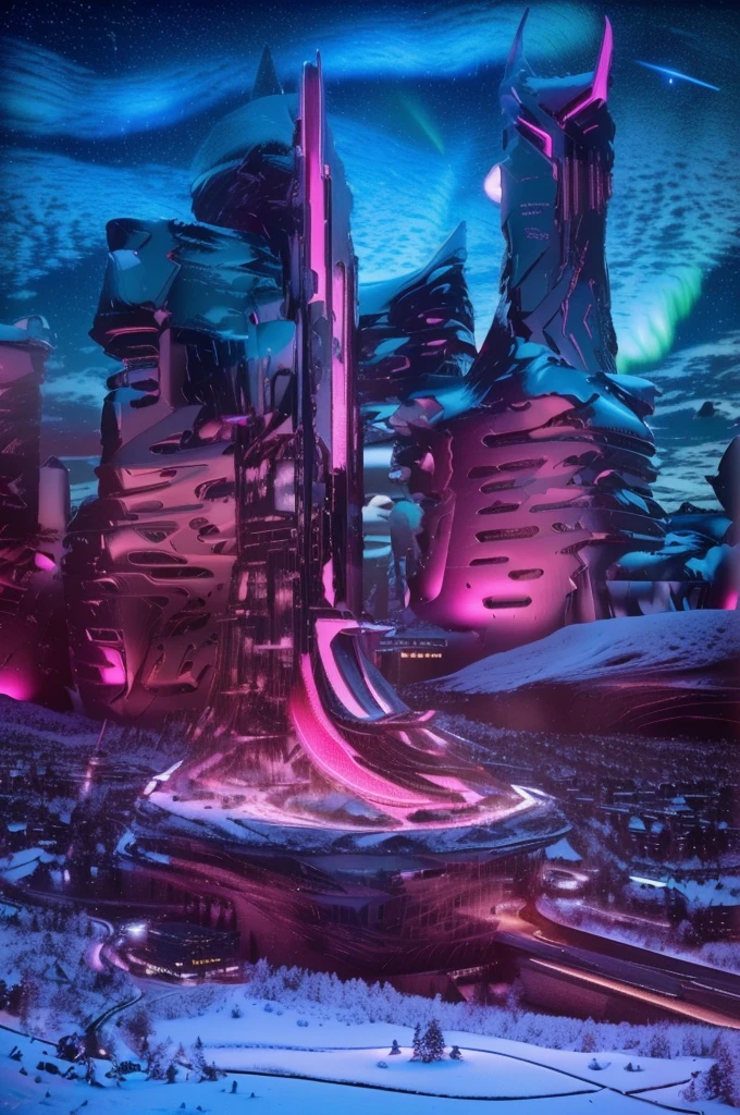 Masterpiece, 12k, uhd, photorealistic, a ultra beautiful suggestive landscape, with snow hills, snow land, futuristic metropolis in background, with skycrapers, night sky with stars, pink boreal aurora in the sky, light neon effects, cyberpunk dreaming atmosphere, (3D rendering buildings), seems real, blue and pink sky and snow colors