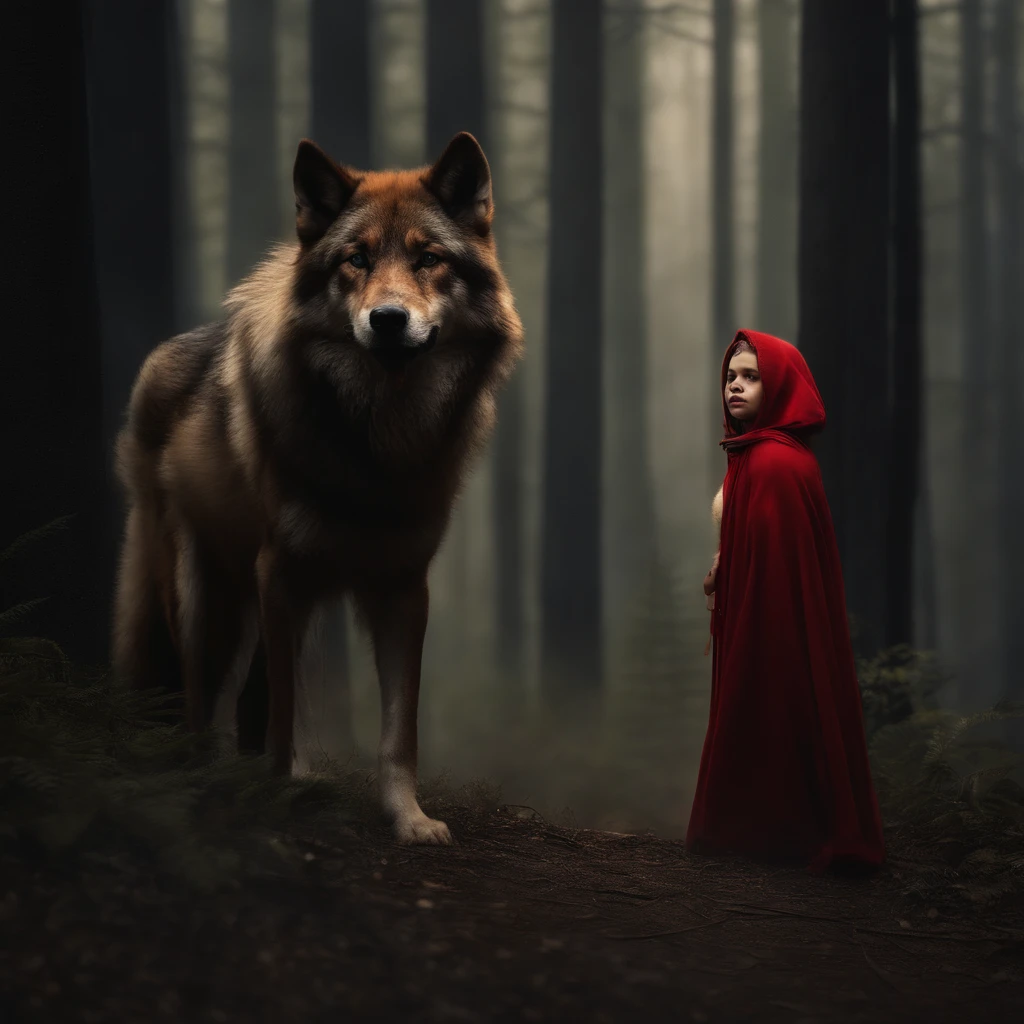 《Little Red Riding Hood with wolf in dark forest》Detailed digital painting, a photorealistic painting, artsy photography