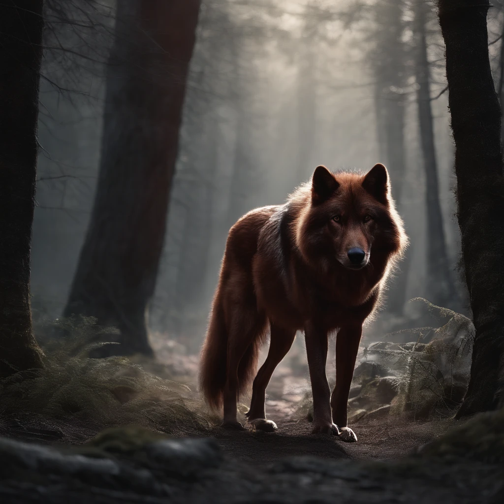 《Little Red Riding Hood with wolf in dark forest》Detailed digital painting, a photorealistic painting, artsy photography