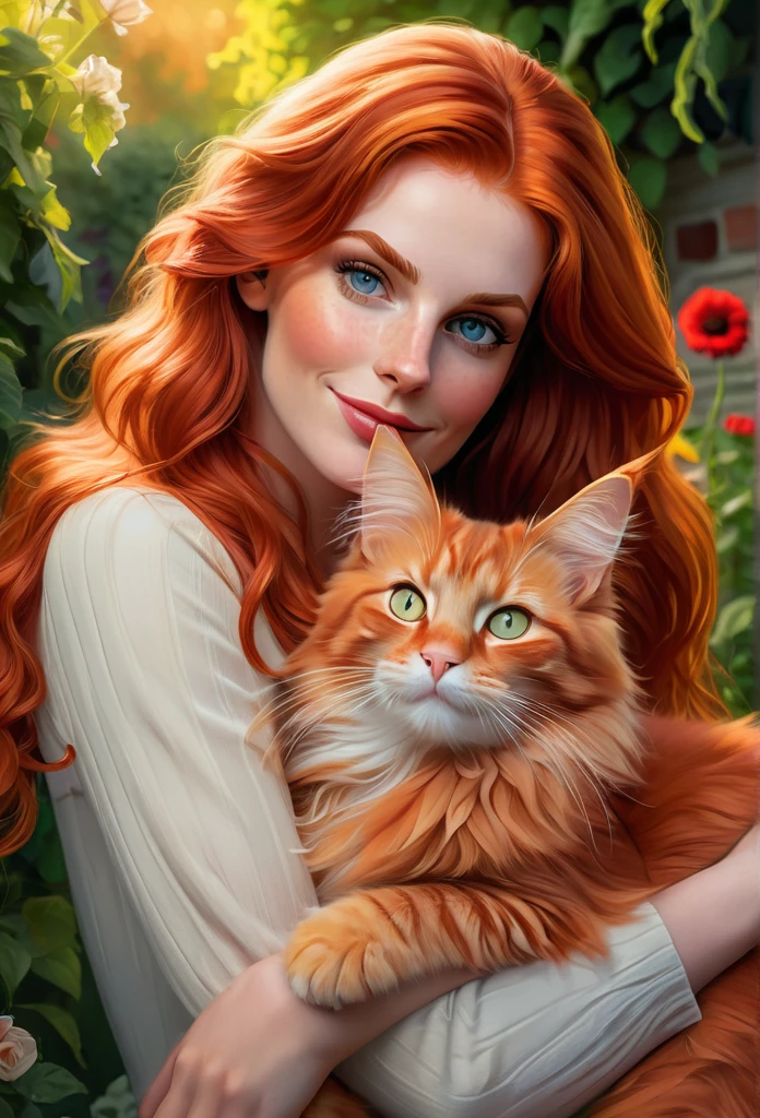 red-haired [girl:Wynona Ryder:0.1] with a full sized  red mainecoon cat, (best quality, masterpieces, ultra-detailed), beautiful detailed eyes, beautiful detailed lips, longeyelashes, vibrant colors, illustrative style, oil painting texture, flowing red hair, cozy garden background, soft sunlight, lively expression, joyful interaction with the cat, dynamic pose, realistic rendering.