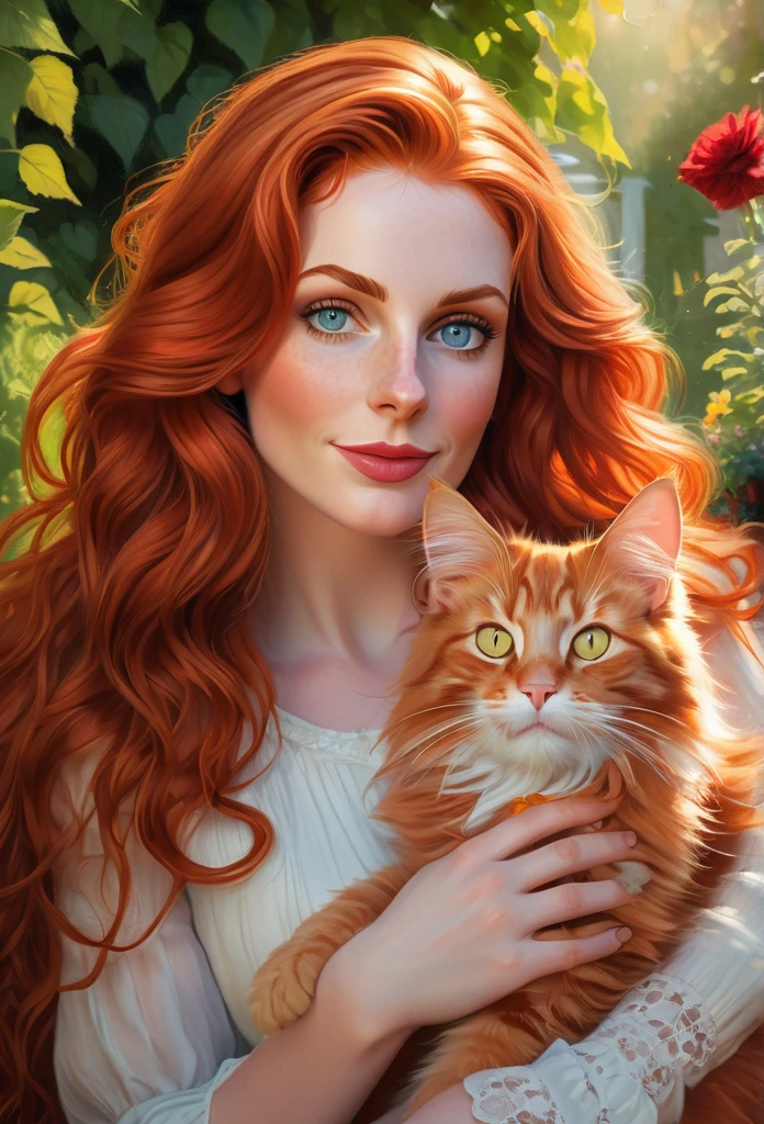 red-haired [girl:Wynona Ryder:0.1] with a full sized  red mainecoon cat, (best quality, masterpieces, ultra-detailed), beautiful detailed eyes, beautiful detailed lips, longeyelashes, vibrant colors, illustrative style, oil painting texture, flowing red hair, cozy garden background, soft sunlight, lively expression, joyful interaction with the cat, dynamic pose, realistic rendering.