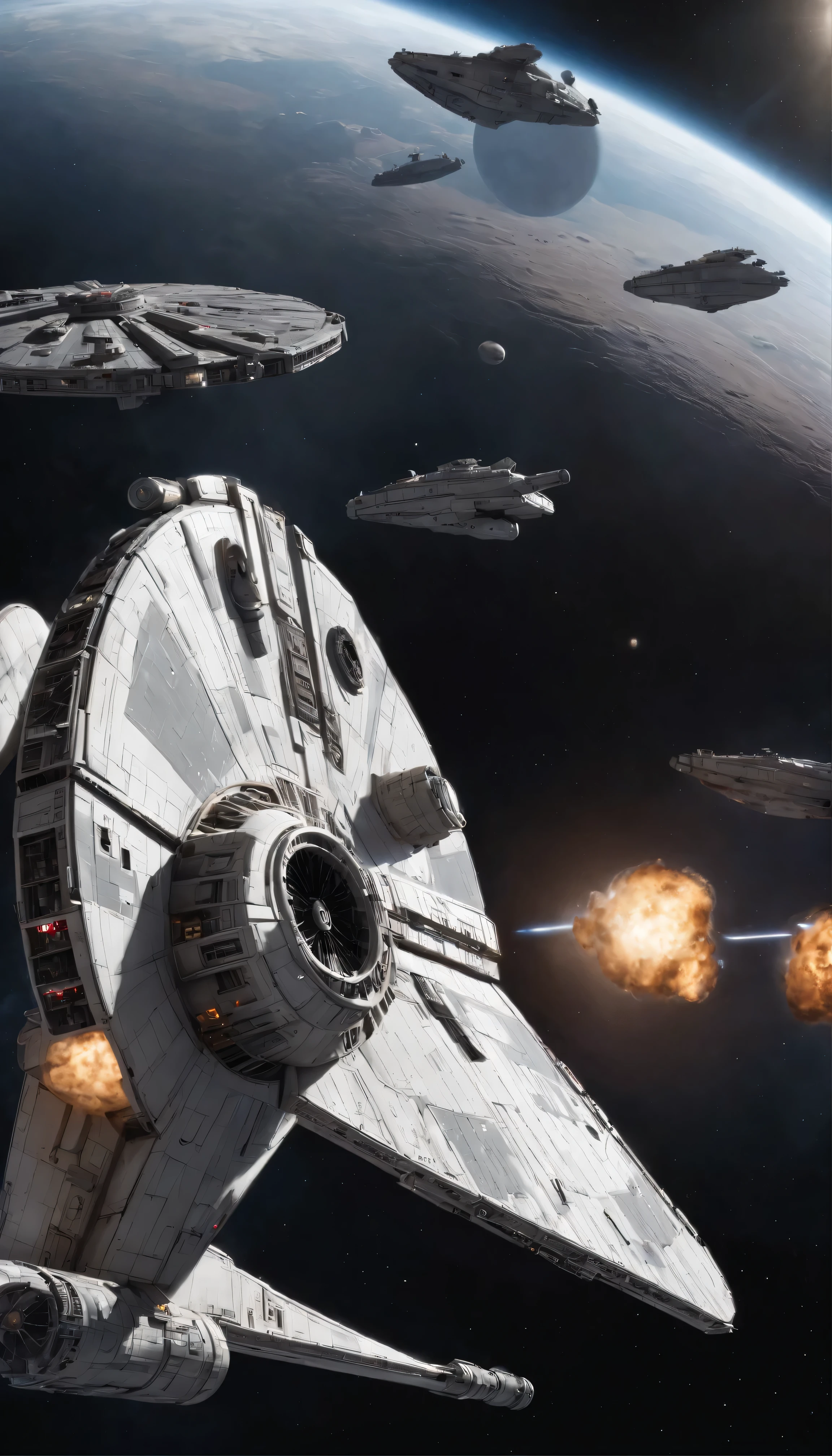 In this impressive and highly detailed masterpiece set against the backdrop of intergalactic battles、The Millennium Falcon, a rare spaceship, is depicted in high detail and with great ambition.、Boasting an astonishing level of realism that rivals the cinematic experience。Gliding through the vast, dark space、A huge Star Destroyer looms ominously in the distance.、Chase iconic spaceships with relentless determination。 The intricate details of the Millennium Falcon、From the smooth lines of the ship to its sun-scorched surface、Meticulously rendered with photorealistic accuracy