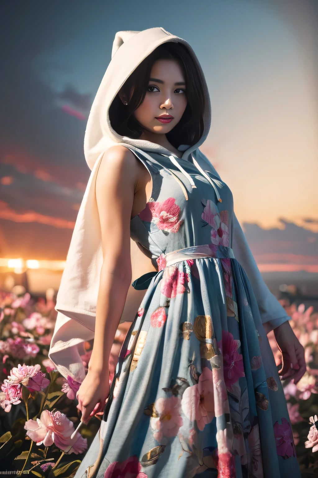 (best quality:1.2),(ultra detailed,highres,HDR,8k,realistic,photorealistic,super fine effects,official art,detailed background), (dynamic pose:1.3), (Long dress with hood: 1.3), (thigh)(colorful flowers:1.3)