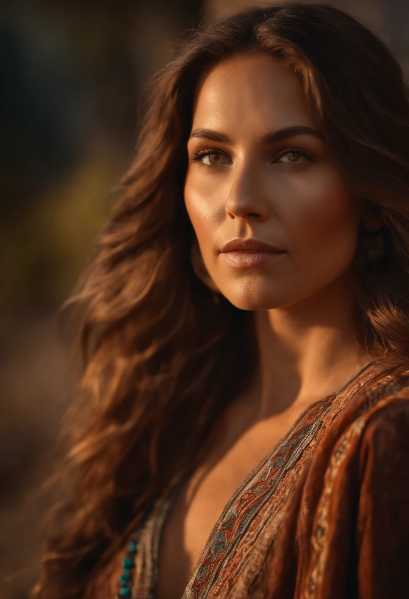 ultra detailed realistic artistic photography, Beautiful woman brown hair late 40s  boho native american features hippie  Dreamy, Glowing, The light from the back window is backlighted, Shadows, oil on the canvas, smooth, hyper HD, 8K, super sharp focus,  masterpiece of intricate artwork, Highly detailed, vibrant, production cinematic character render, ultra high quality model staring at the viewer she lives in the Southwest of the UnitedStates 