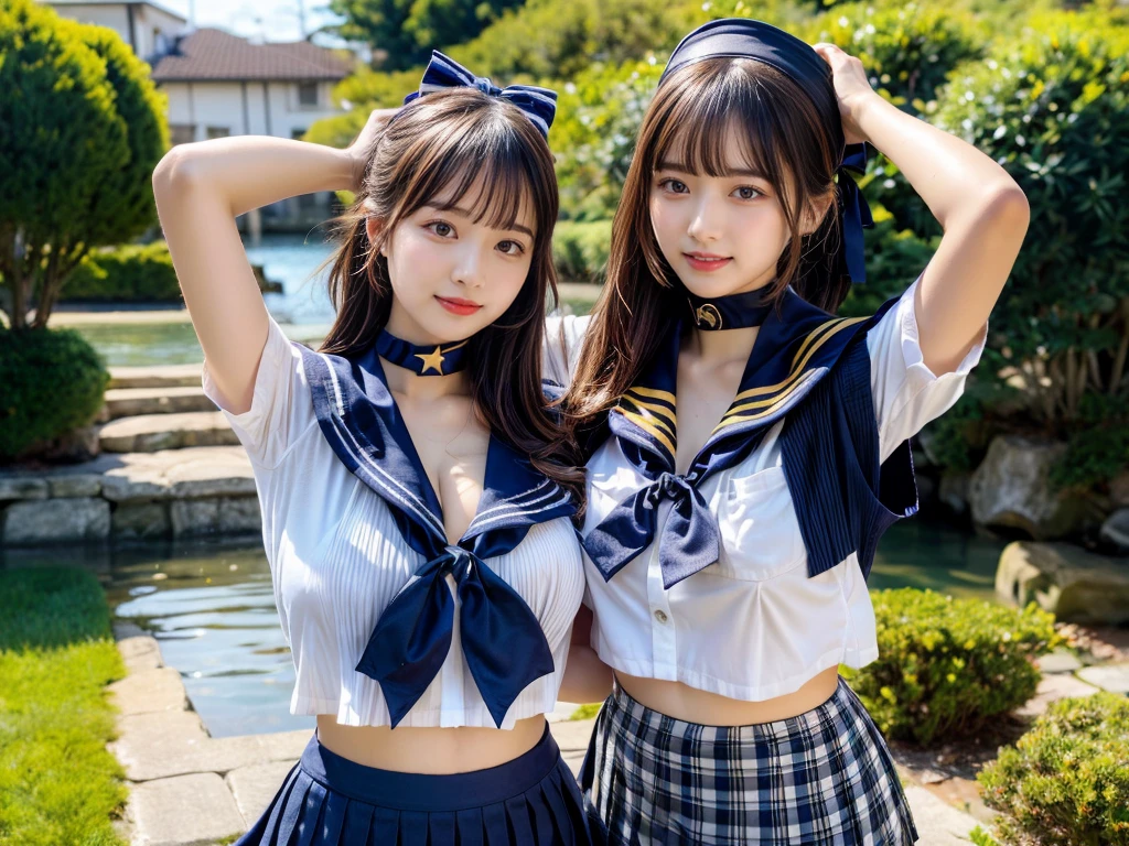 (((very heavy chest))),NSFW, 16k raw photos, highest quality, masterpiece, ultra high resolution, ((She is wearing Beautiful exposed redShe is wearing (a high school sailor uniform).
(navy sailor collar:1.4),(white shirt:1.4),(navy pleats skirt:1.4),(navy bow:1.4))).movie, ((2 girls, , 2 schoolgirls)),((attractive expression)),eyes shine、 looking at the viewer, natural skin texture very heavy chest))),((( metal black ribbon around the neck))).star handle mold、((yellow eyes)),Realistic eye and face details, lip whole, lipstick makeup), fluffy ponytail hair, laughter, Beautiful feet, tall woman, ((glowing skin)),((Beautiful armpit)), slim_feet, huge breasts, cleavage, beautiful natural places, beautiful flower garden、(detailed background,highly exposed, huge breasts, blurred background,, JK ribbon on the neck, jk ribbon, golden hair, bracelet, water, bangs, split your lips、armpit、beautiful hip line、glowing skin、(((eyes shine brightly))),lotion skin、High leg、((black hair)),highly exposed、Skimpy pink luxury fur coat、beautiful sea background、wind effect、